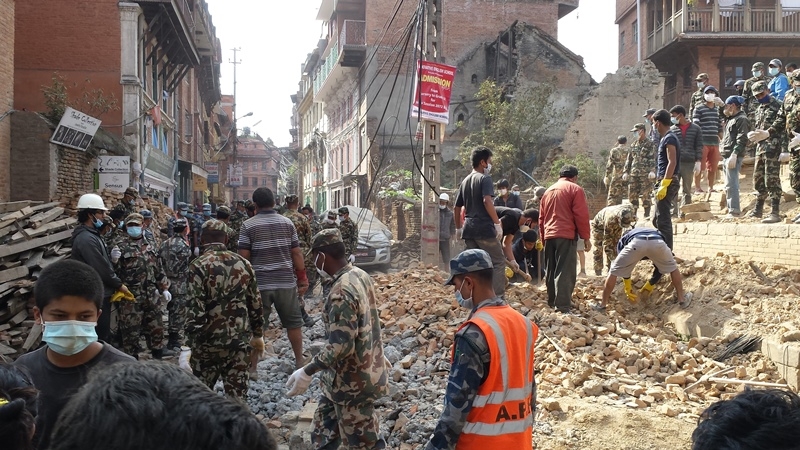 Rescue efforts in earthquake affected Patan Durbar Square of Nepal